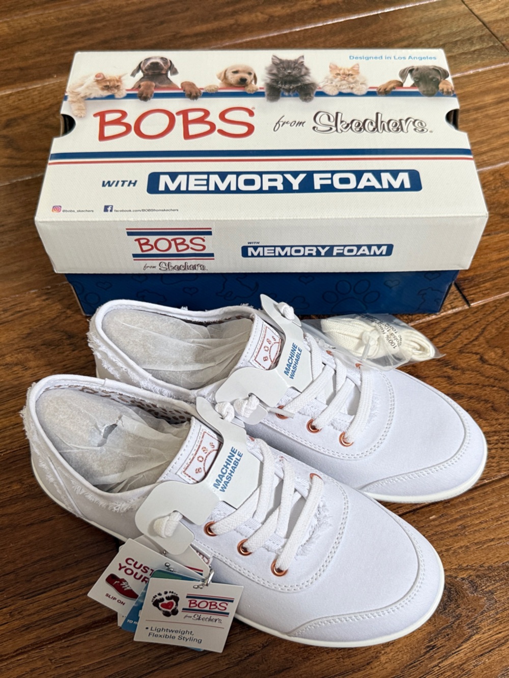 Skechers BOBS Women's White Sneakers with Rose Gold Eyelets